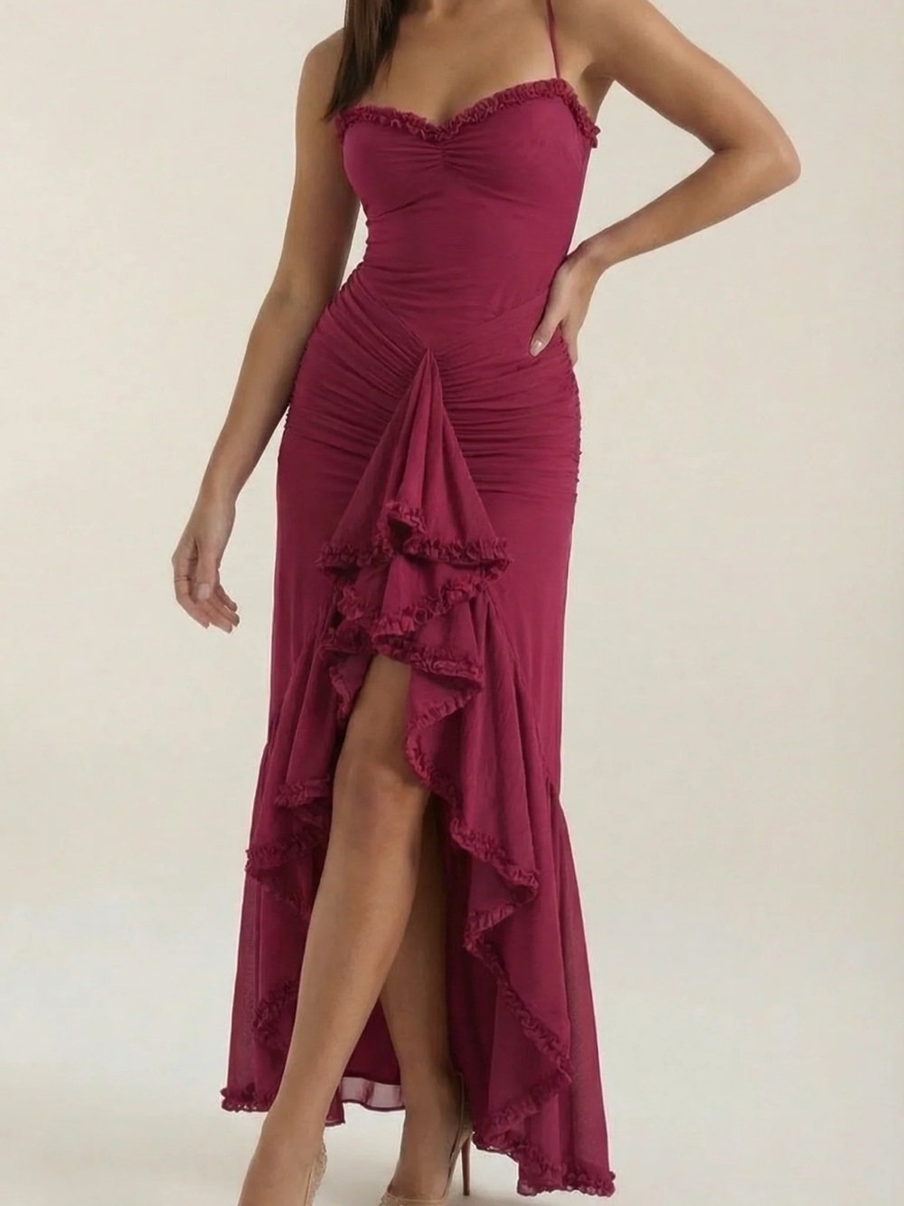 Raspberry High-Low Ruffle Maxi Dress with Spaghetti Straps